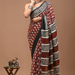 Cream Floral Bagru Printed Cotton Saree with Traditional Border
