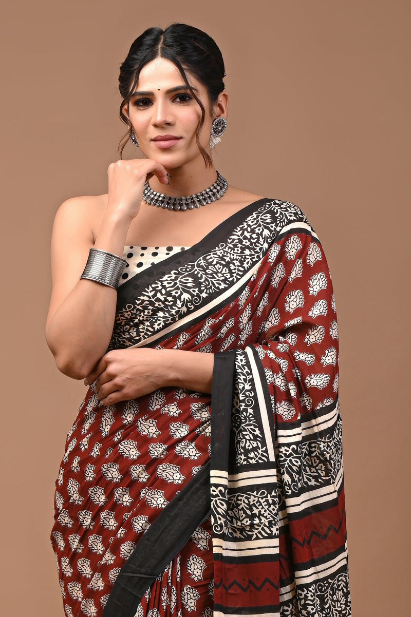 Cream Floral Bagru Printed Cotton Saree with Traditional Border