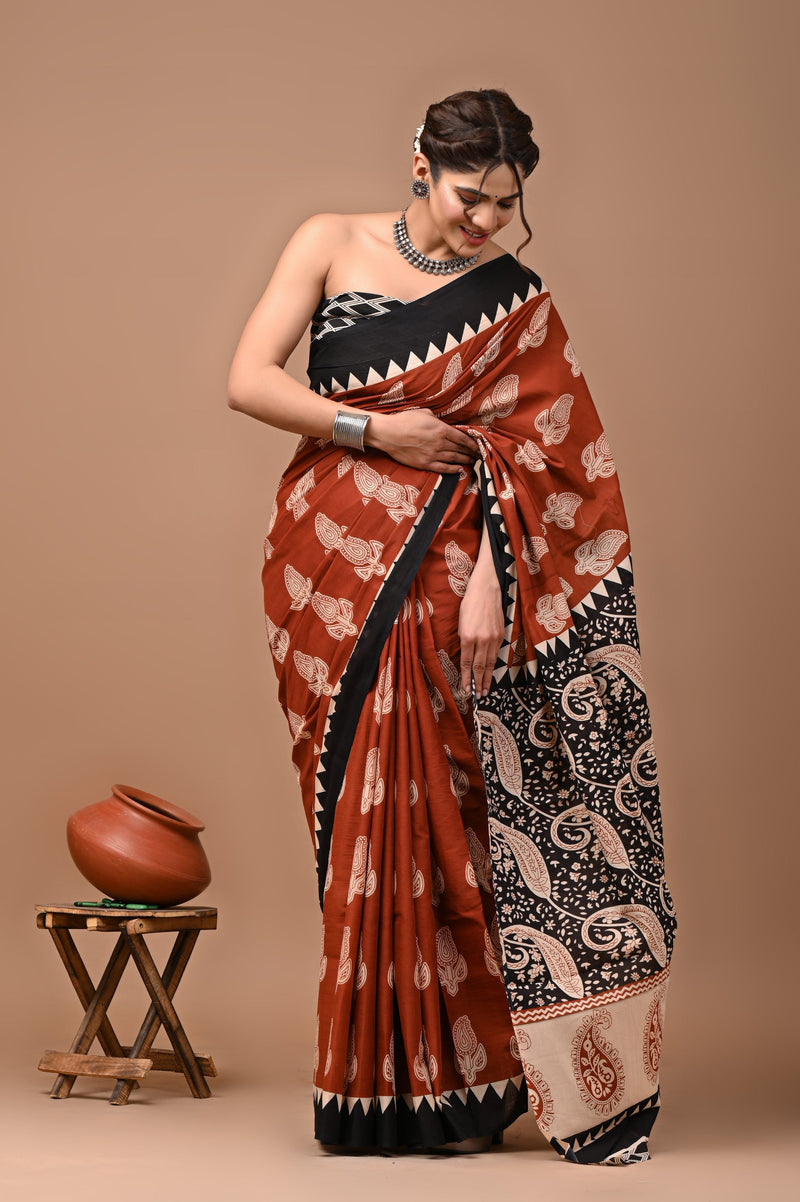 Black Printed Cotton Saree with Black Border & Traditional Motifs