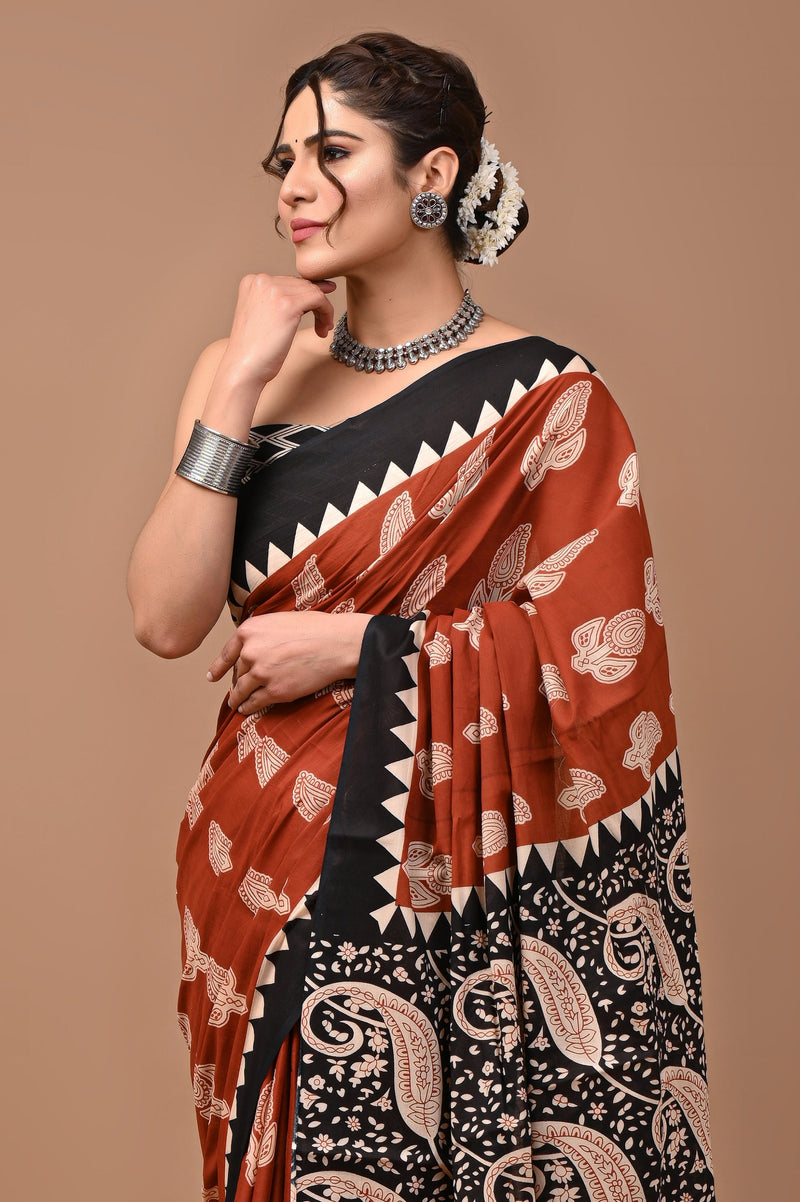 Black Printed Cotton Saree with Black Border & Traditional Motifs