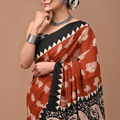 Black Printed Cotton Saree with Black Border & Traditional Motifs