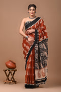 Black Printed Cotton Saree with Black Border & Traditional Motifs