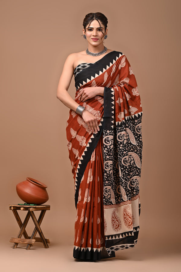 Black Printed Cotton Saree with Black Border & Traditional Motifs