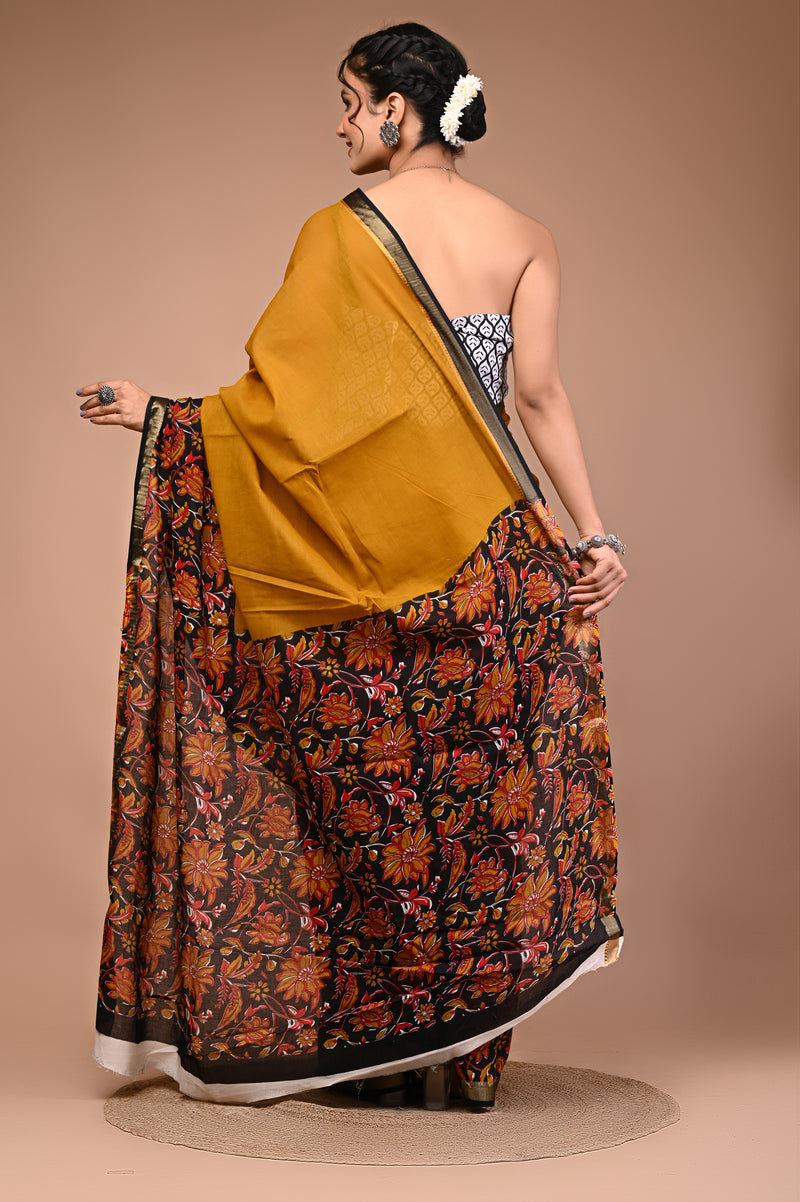 Mustard Pure Cotton Maheswari Border Printed Saree
