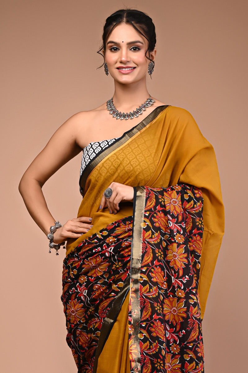 Mustard Pure Cotton Maheswari Border Printed Saree
