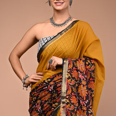Mustard Pure Cotton Maheswari Border Printed Saree