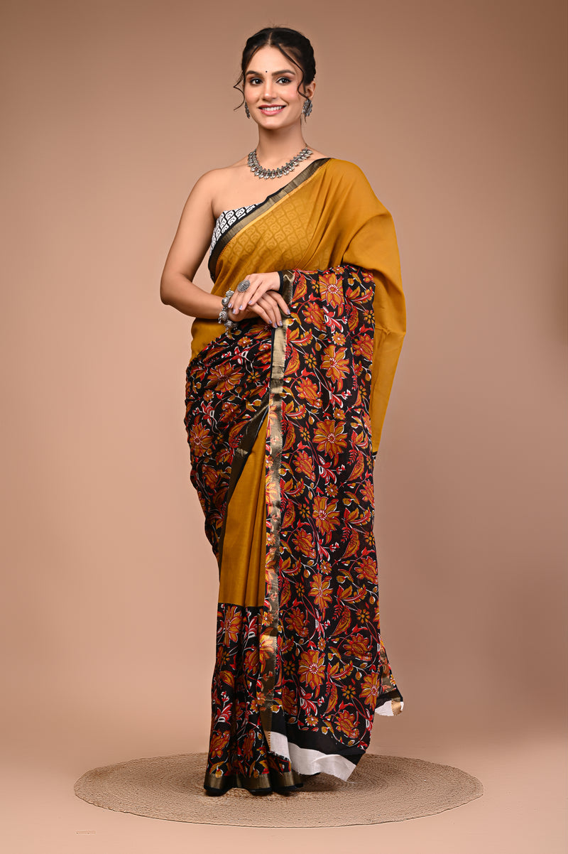 Mustard Pure Cotton Maheswari Border Printed Saree