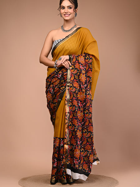 Mustard Pure Cotton Maheswari Border Printed Saree