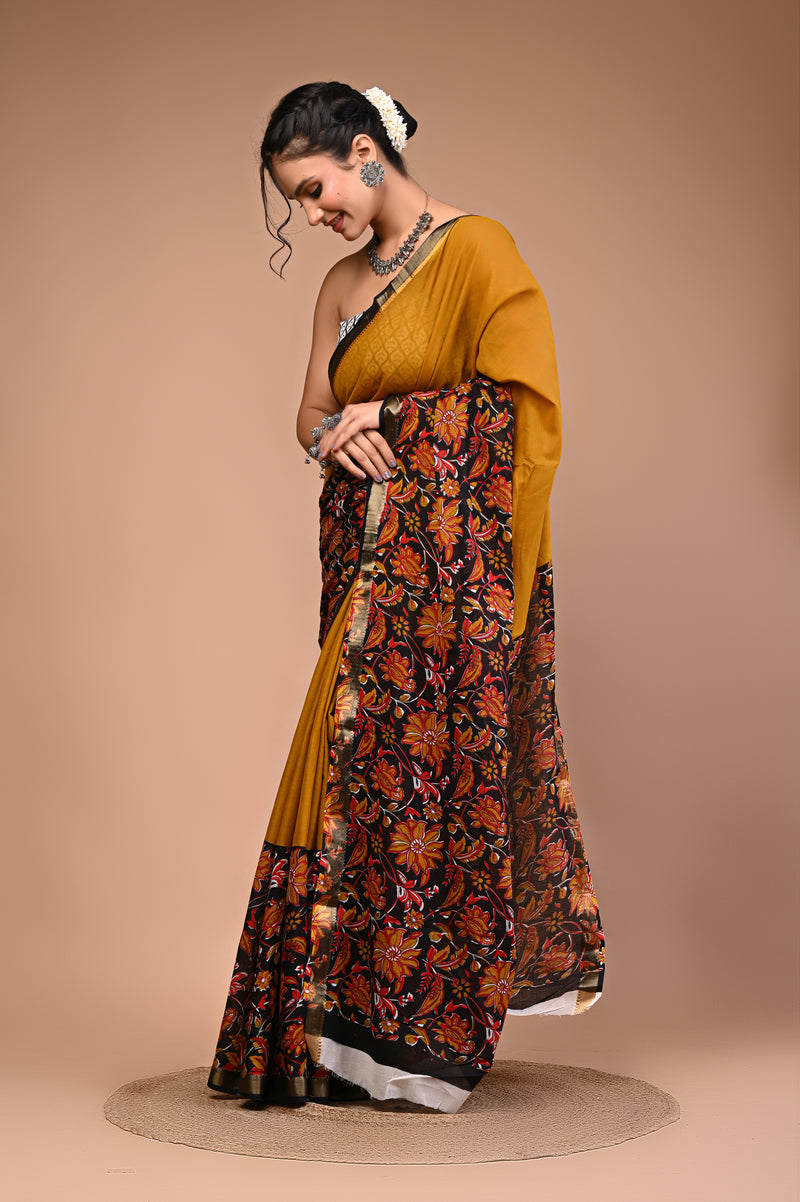 Mustard Pure Cotton Maheswari Border Printed Saree