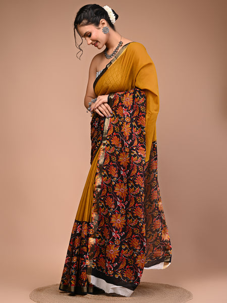 Mustard Pure Cotton Maheswari Border Printed Saree