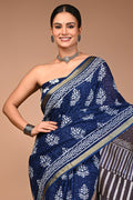 Premium Navy Blue Cotton MulMul Saree