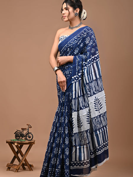 Navy Blue Floral Printed Cotton Saree with Traditional Geometric Border