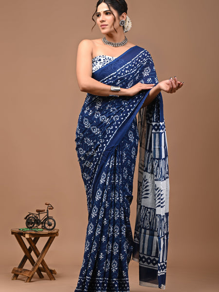 Navy Blue Floral Printed Cotton Saree with Traditional Geometric Border