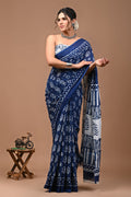 Navy Blue Floral Printed Cotton Saree with Traditional Geometric Border