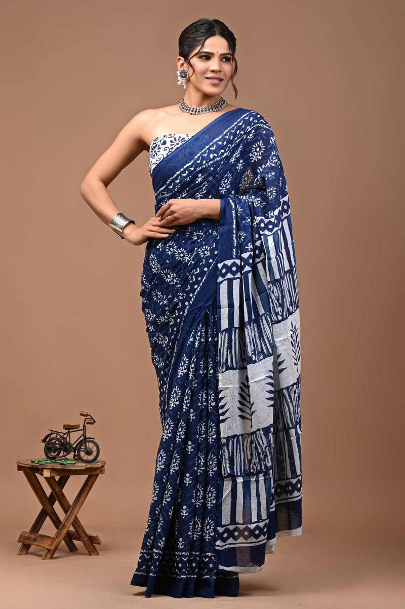 Navy Blue Floral Printed Cotton Saree with Traditional Geometric Border
