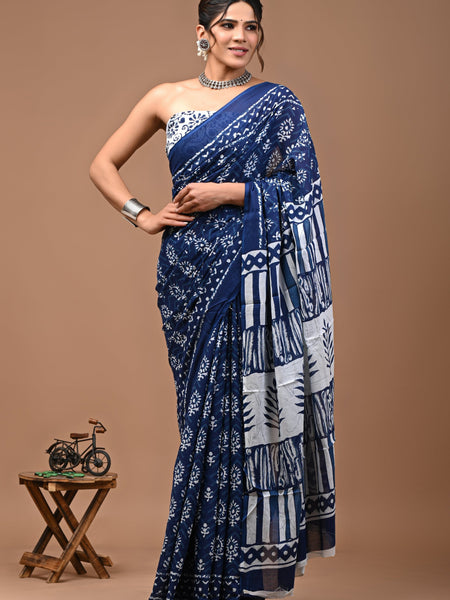 Navy Blue Floral Printed Cotton Saree with Traditional Geometric Border