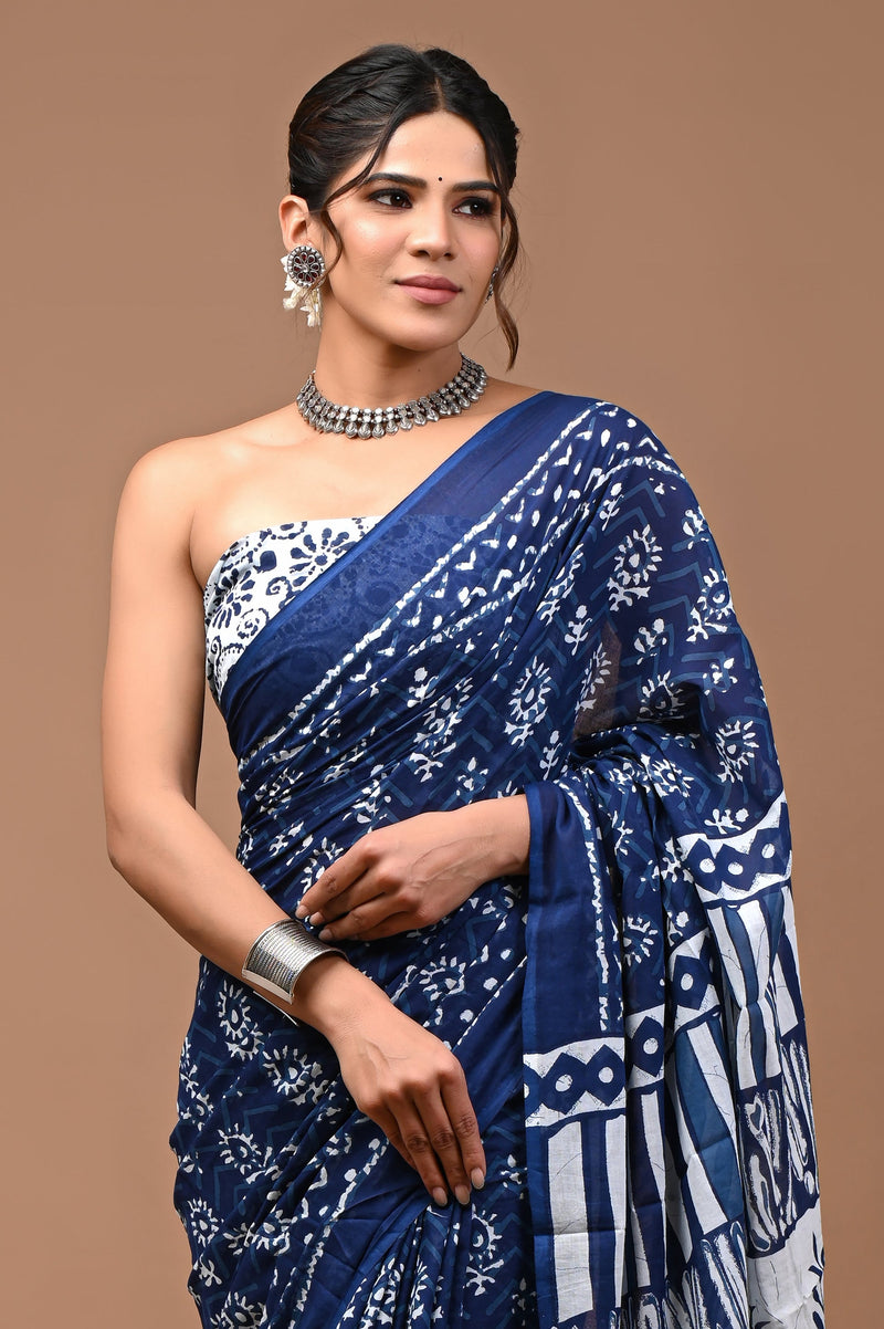 Navy Blue Floral Printed Cotton Saree with Traditional Geometric Border