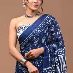 Navy Blue Floral Printed Cotton Saree with Traditional Geometric Border