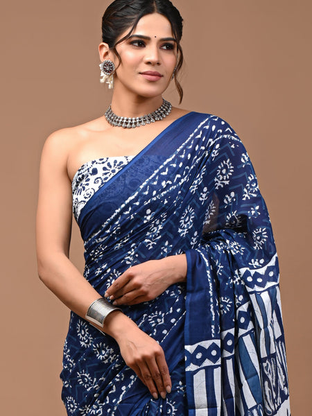 Navy Blue Floral Printed Cotton Saree with Traditional Geometric Border