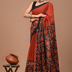 Rust Orange Floral Printed Cotton Saree with Contrast Border