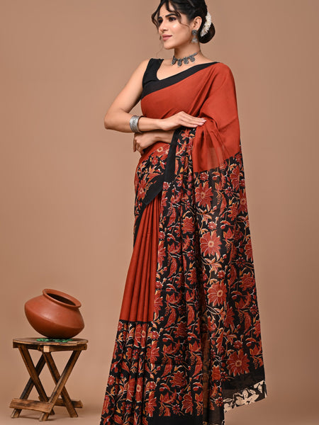 Rust Orange Floral Printed Cotton Saree with Contrast Border