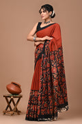 Rust Orange Floral Printed Cotton Saree with Contrast Border
