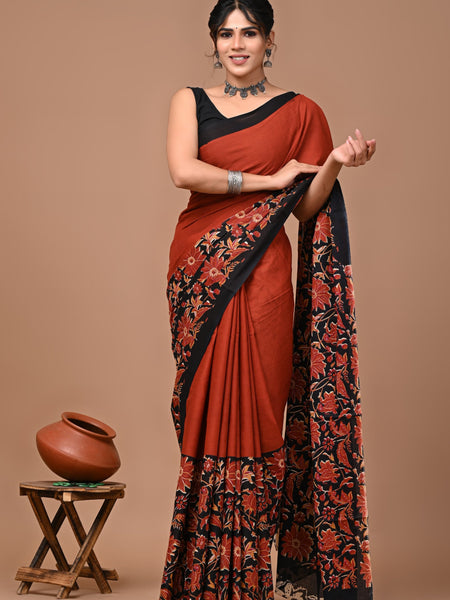 Rust Orange Floral Printed Cotton Saree with Contrast Border