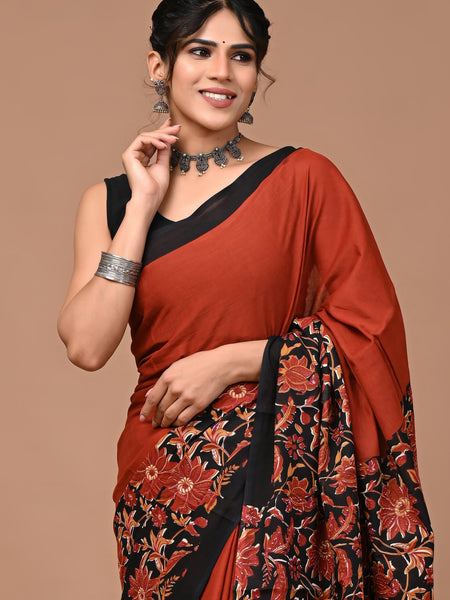 Rust Orange Floral Printed Cotton Saree with Contrast Border