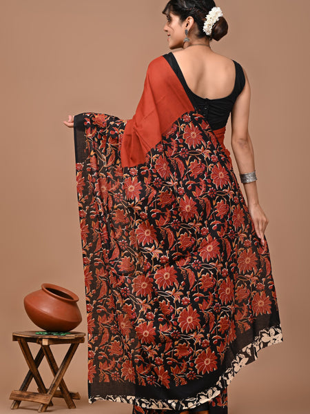 Rust Orange Floral Printed Cotton Saree with Contrast Border