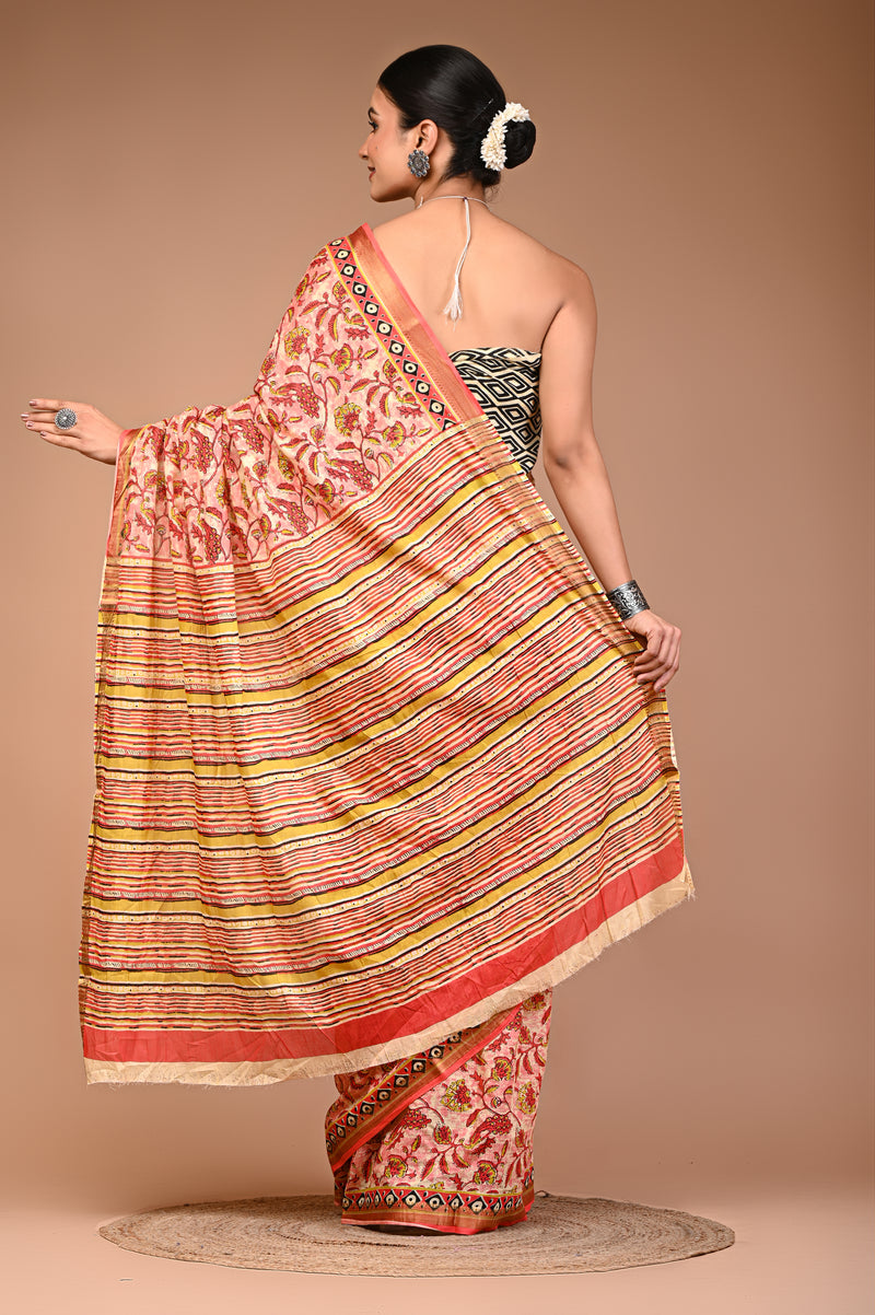 Women's Orange Cotton MulMul Floral Print Saree