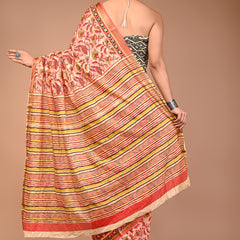 Women's Orange Cotton MulMul Floral Print Saree