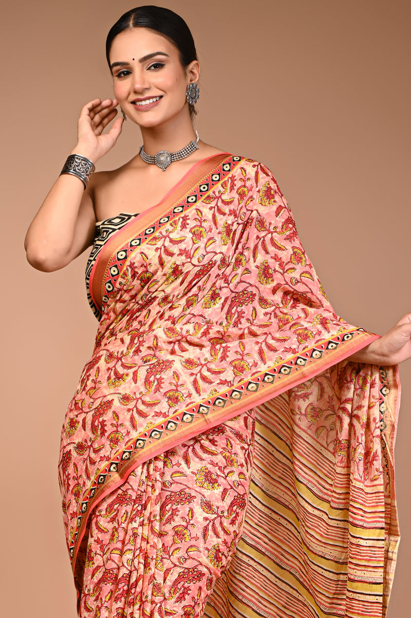 Women's Orange Cotton MulMul Floral Print Saree