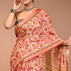 Women's Orange Cotton MulMul Floral Print Saree
