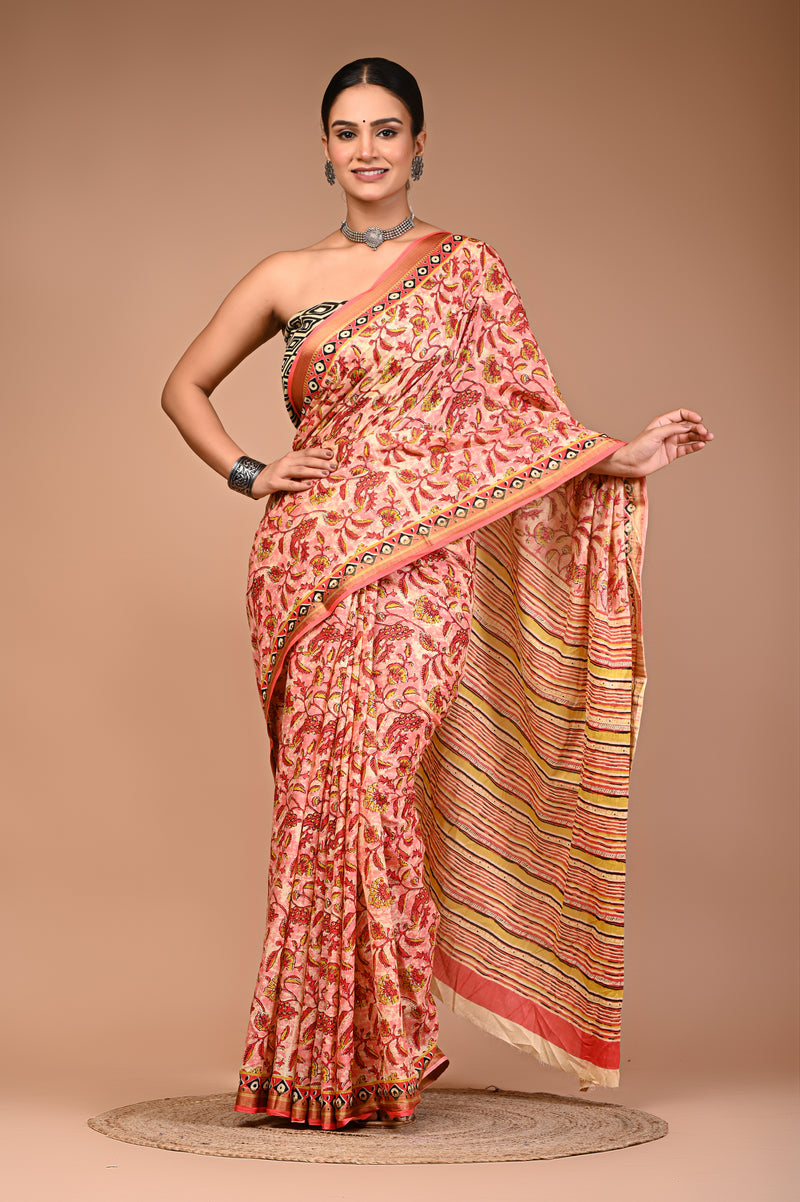Women's Orange Cotton MulMul Floral Print Saree