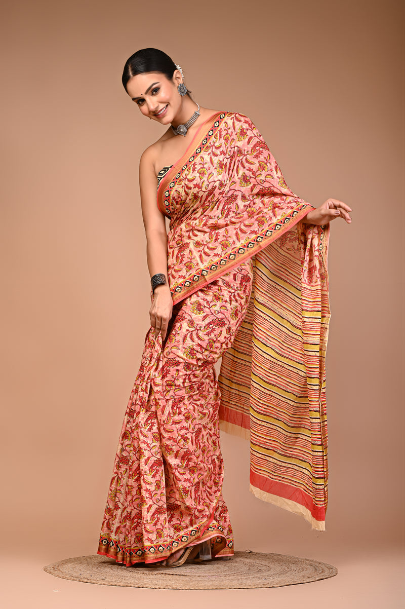 Women's Orange Cotton MulMul Floral Print Saree