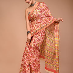 Women's Orange Cotton MulMul Floral Print Saree