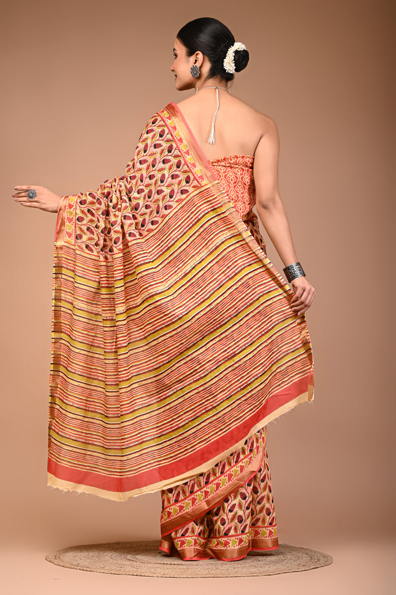 Women's Orange Cotton MulMul Patti Print Saree