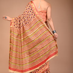 Women's Orange Cotton MulMul Patti Print Saree