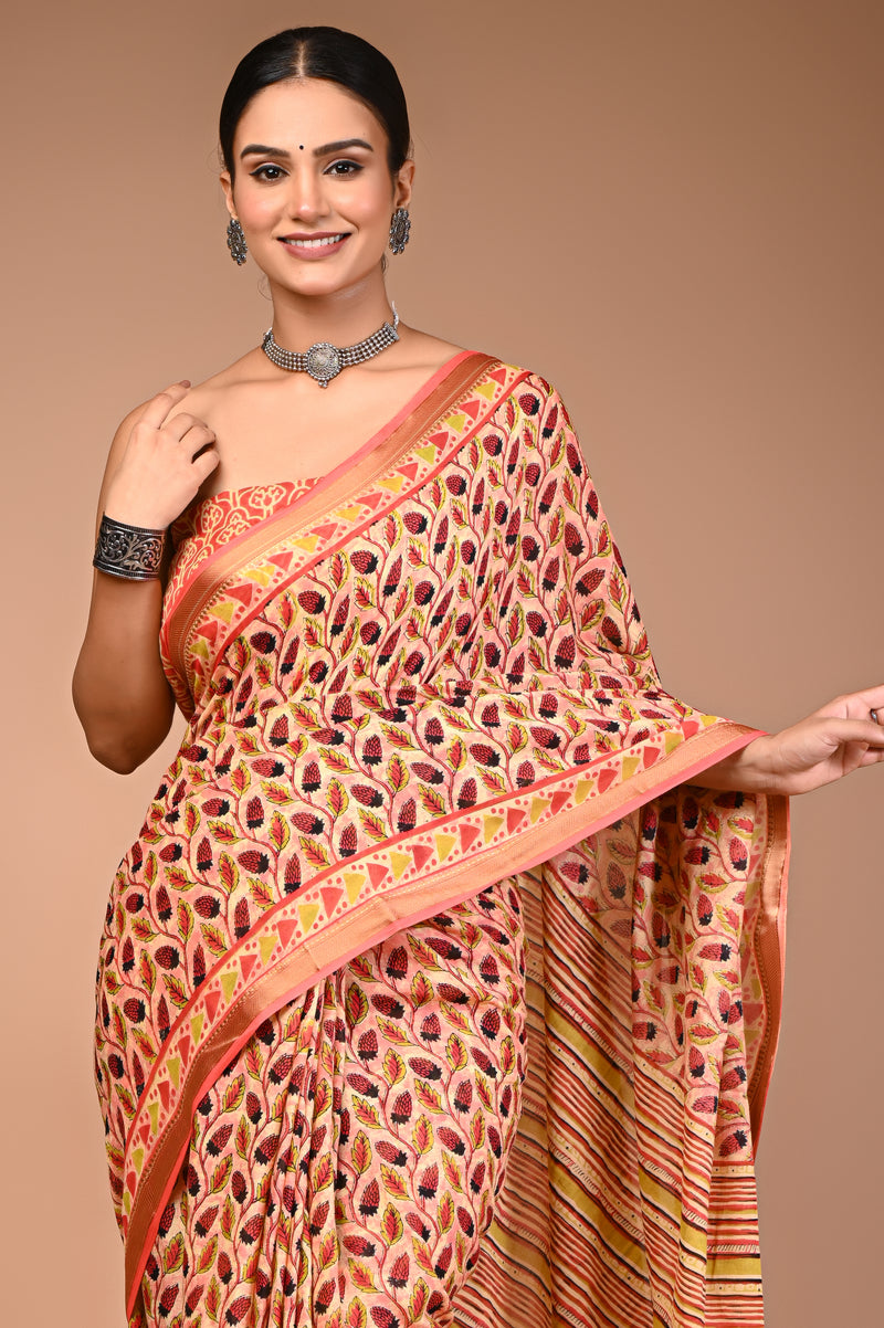 Women's Orange Cotton MulMul Patti Print Saree