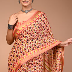 Women's Orange Cotton MulMul Patti Print Saree