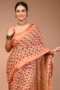 Women's Orange Cotton MulMul Patti Print Saree