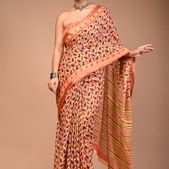 Women's Orange Cotton MulMul Patti Print Saree