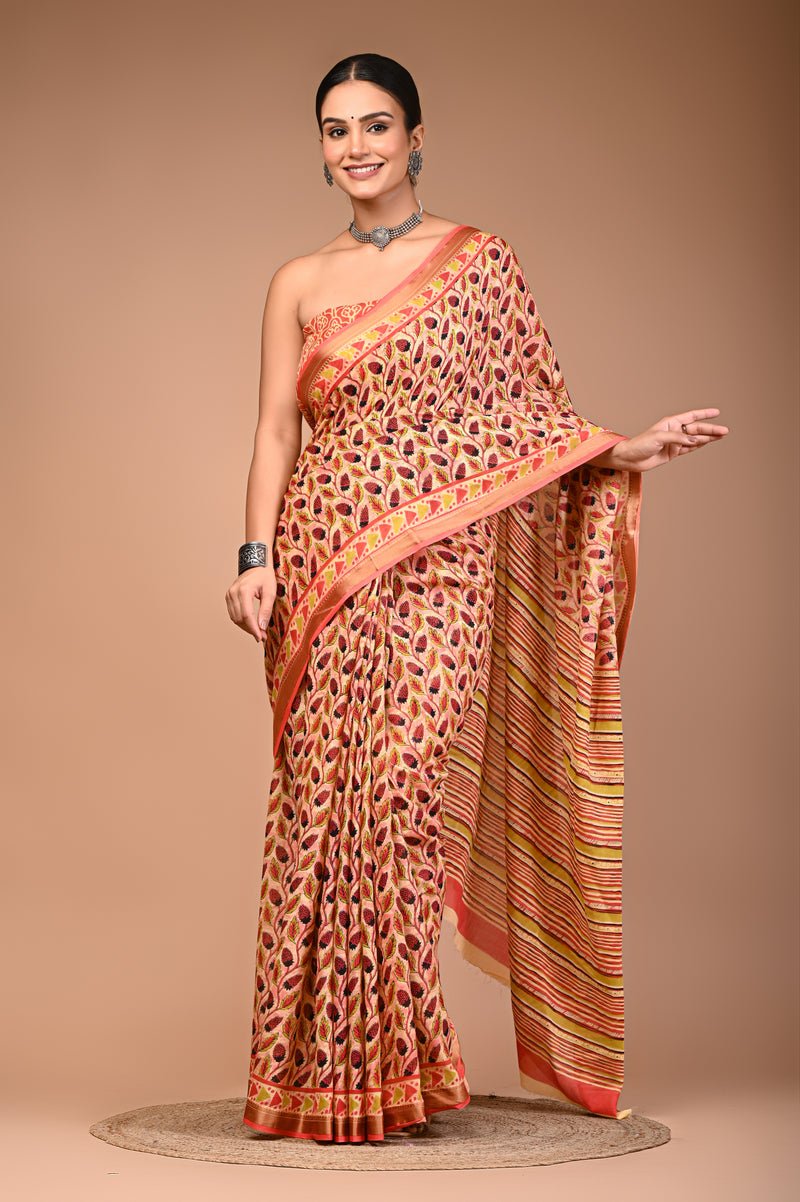 Women's Orange Cotton MulMul Patti Print Saree