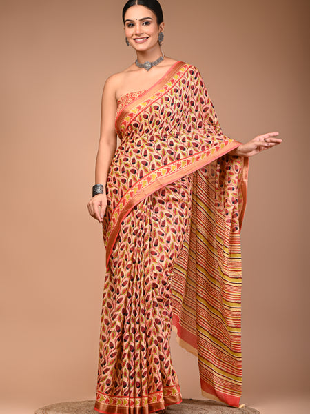 Women's Orange Cotton MulMul Patti Print Saree