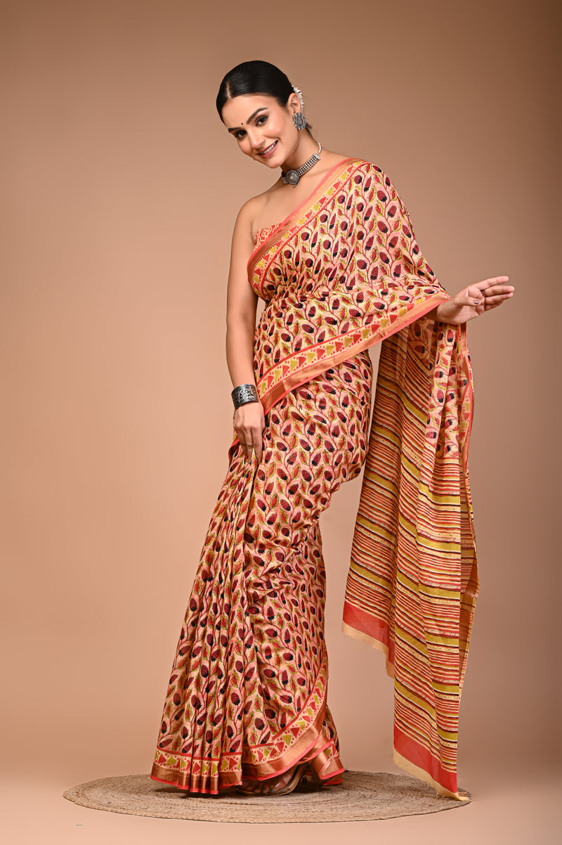Women's Orange Cotton MulMul Patti Print Saree