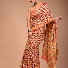 Women's Orange Cotton MulMul Patti Print Saree
