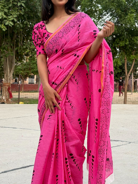 Olive Green Cotton MulMul Saree with Zari Border