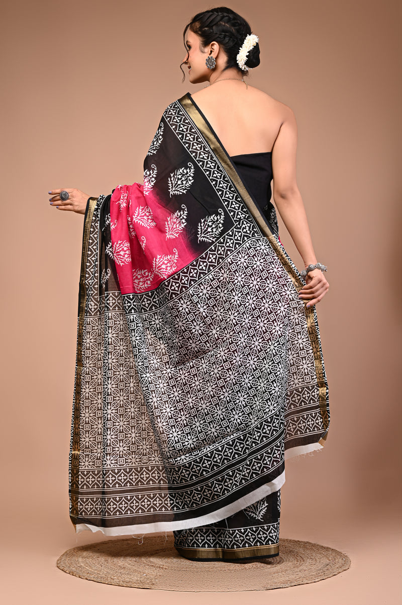 Pink Black Pure Cotton Maheswari Border Saree