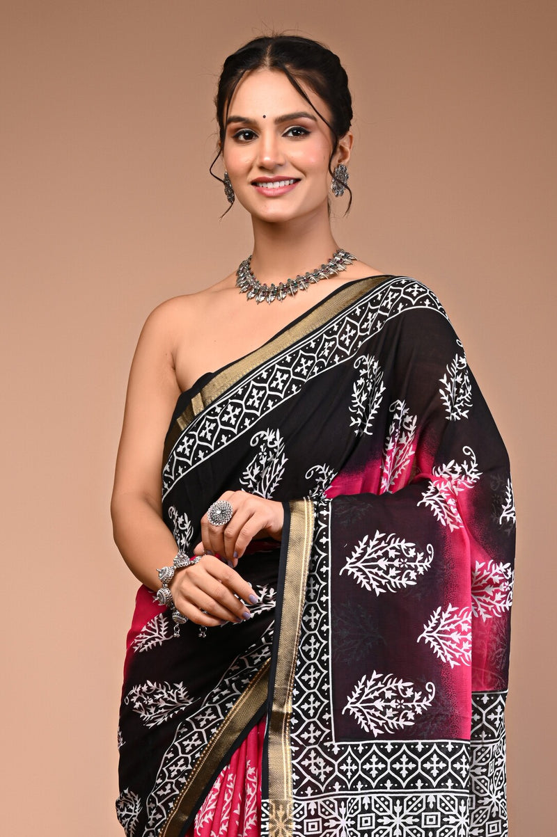 Pink Black Pure Cotton Maheswari Border Saree
