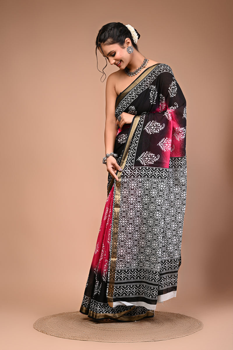 Pink Black Pure Cotton Maheswari Border Saree